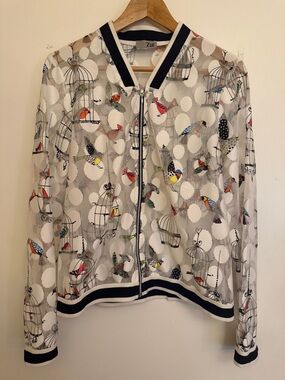 Zoe Bird Print Mesh Bomber Jacket Sheer Zip Front Size S/M